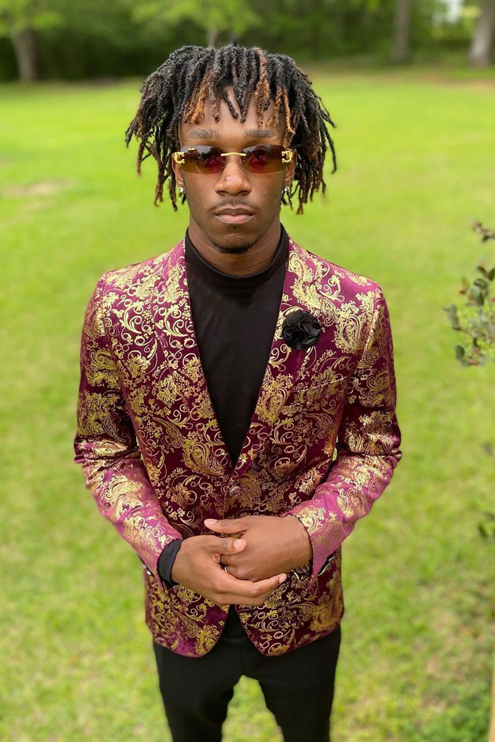 Elegant Fuchsia Jacquard Shawl Lapel Men's Prom Blazer