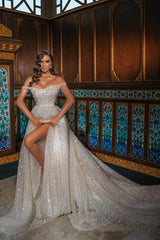 Off-the-Shoulder Sequined Long Wedding Dress with Slit