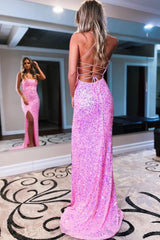 Halter Lace-Up Back Sequin Prom Dress With Slit