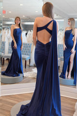 Simple Mermaid One Shoulder Navy Blue Satin Long Prom Dresses