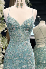 Light Green Mermaid Lace Long Backless Prom Dress