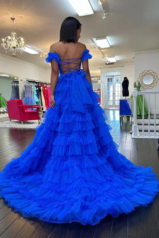 Adalynn Dressystars  Royal Blue Off the Shoulder Ruffle Tiered Tulle Material Long Prom Dresses with Split Design