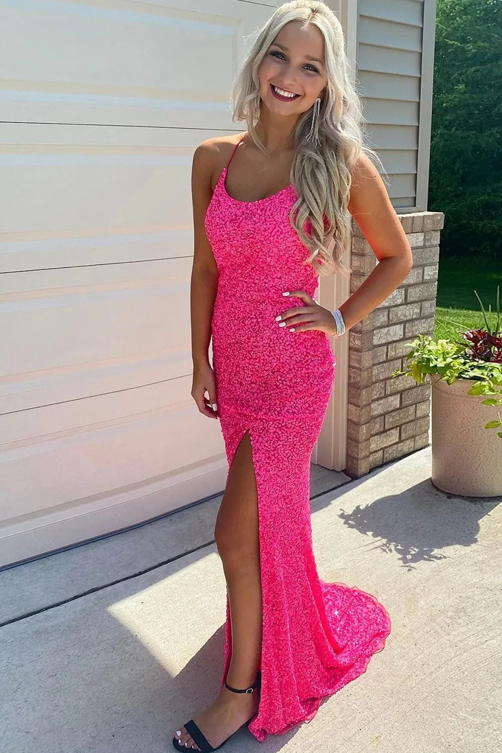 Halter Lace-Up Back Sequin Prom Dress With Slit