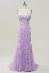 Light Purple Sweetheart Lace-Up Long Mermaid Prom Dress with Appliques