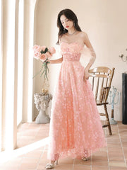 A-Line Off-Shoulder Tulle Lace Pink Long Prom Dress Pink Long Formal Dress