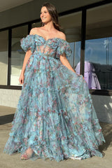 Pink Blue Flower Floral Off the Shoulder Long Prom Dress