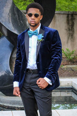 Unique Dark Blue Velvet Patchwork Notched Lapel Men's Prom Jacket