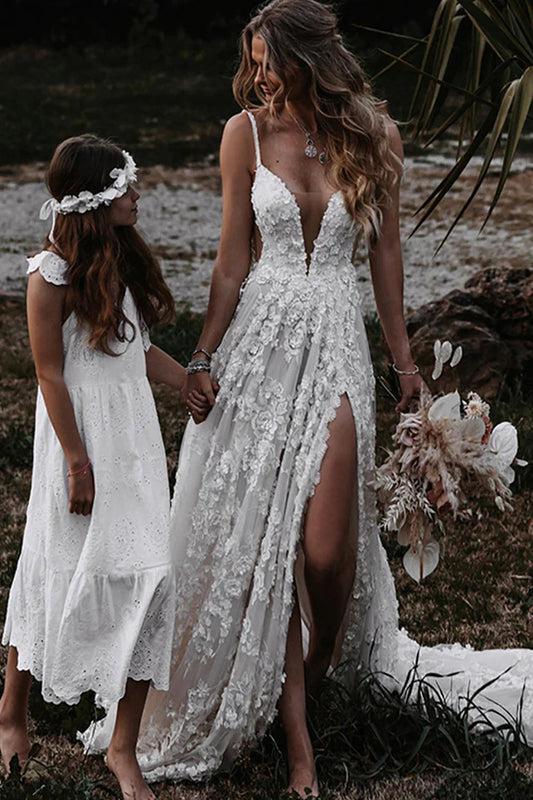 Bohemian White A-Line Wedding Dress Adorned with Appliques