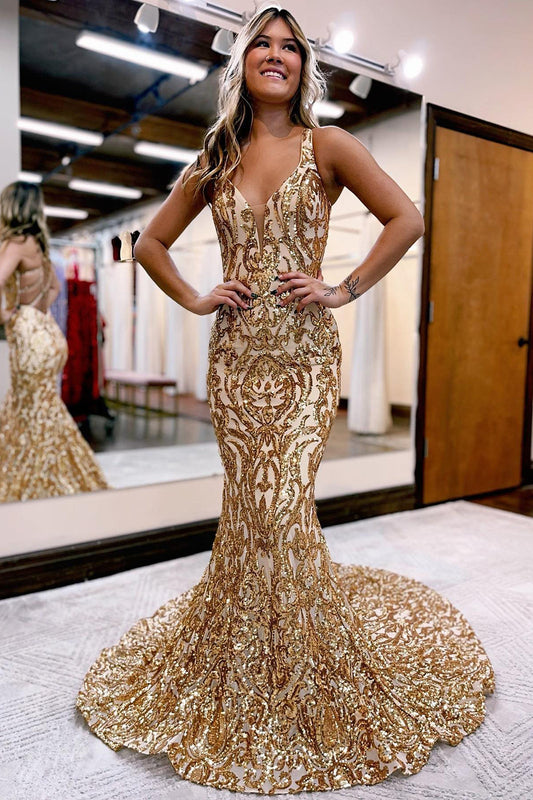 Golden Sequin Sparkly Mermaid Prom Dress