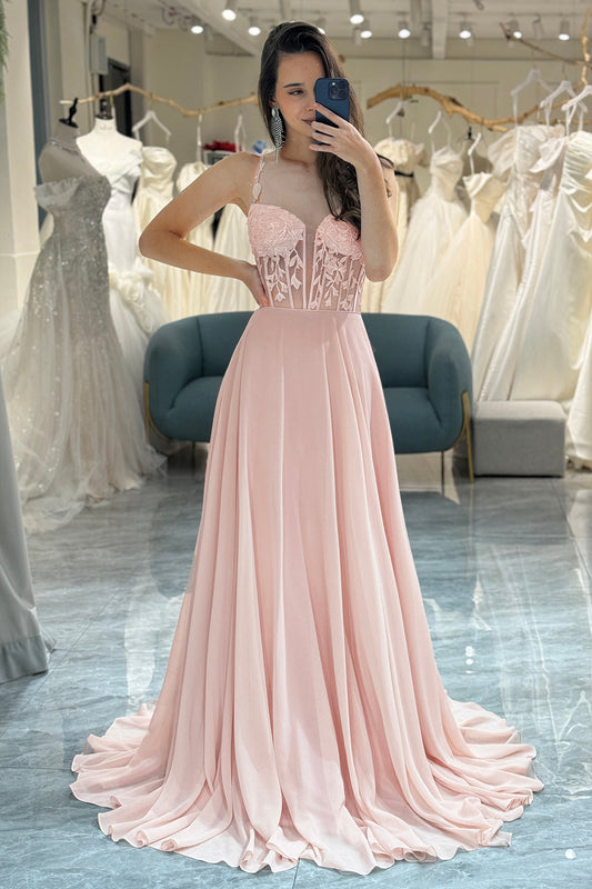 Light Pink Backless Long Corset Prom Dress With Appliques