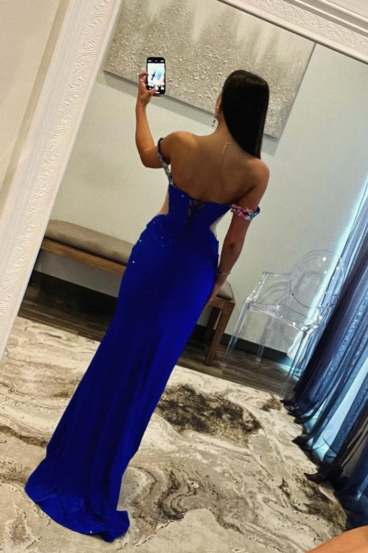 Royal Blue Off the Shoulder Delicate Beaded  Long Prom Dresses with Delicate Appliques