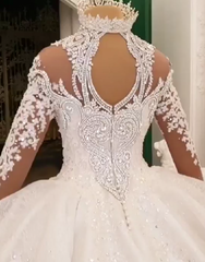 Ivory Ball Gown Wedding Dress High Neck Long Sleeve Beaded Appliques Bridal Dress