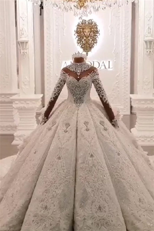 Ivory Ball Gown Wedding Dress High Neck Long Sleeve Beaded Appliques Bridal Dress