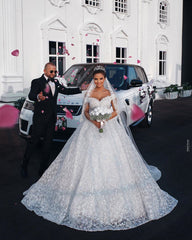 Ivory Ball Gown Wedding Dress Off The Shoulder Tulle Lace Appliques Bridal Dress