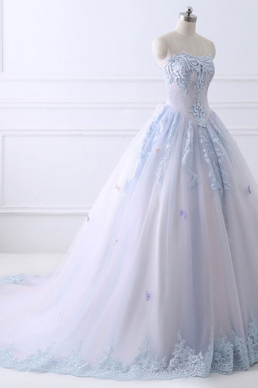 Light Blue Lace Tulle Long Prom Dress Evening Dress