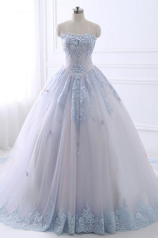 Light Blue Lace Tulle Long Prom Dress Evening Dress