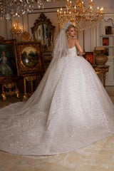 Ivory Ball Gown Wedding Dress Off the Shoulder Glitter Beaded Bridal Dress