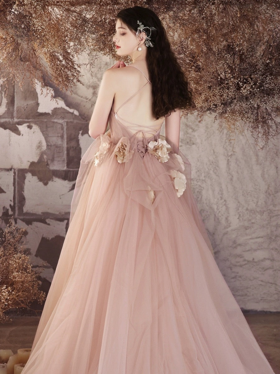 A-Line V-Neck Tulle Flower Pink Long Prom Dress Pink Long Evening Gown