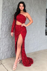 One Shoulder Sparkly Mermaid Sequins Red Long Prom Dress with Slit