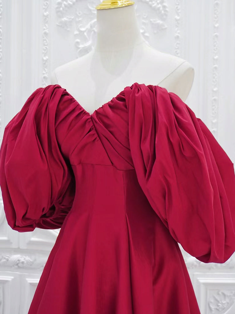 Red V-Neck Satin Long Prom Dress Red Puff Sleeves Satin Long Formal Dress