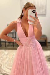 Light Pink V-Neck Backless Tulle Long Prom Dress