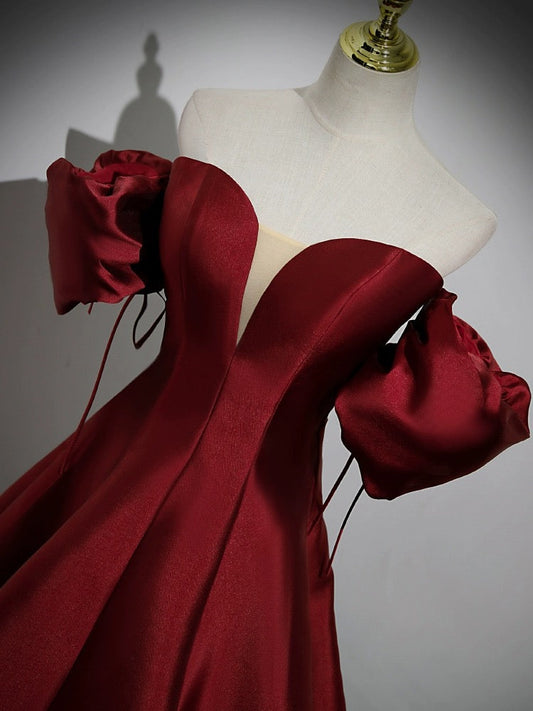 A-Line Puff Sleeves Satin Burgundy Long Prom Dress Burgundy Long Formal Dress