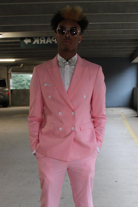 Trendy Pink Peak Lapel Double-Breasted 2-Piece Prom Suit for Men