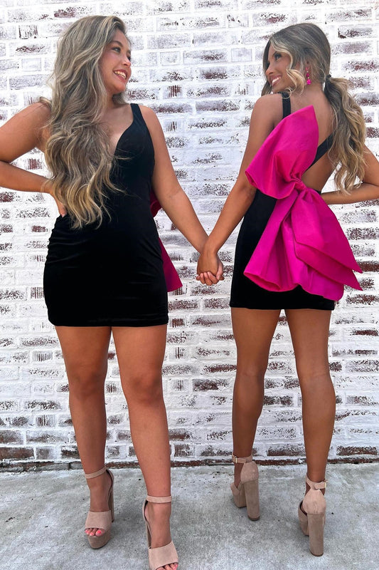 black plunge v bowknot back bodycon mini party dress