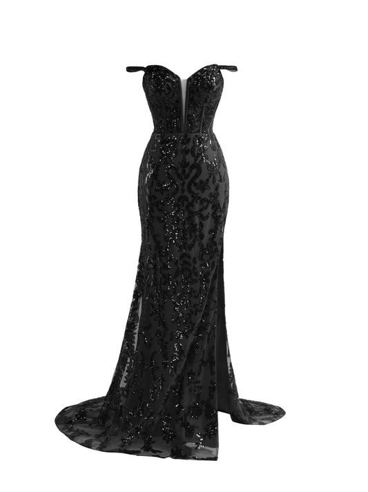 Erryn Dressystars  Glamorous Black Sheath Sequin Material  Long Elegant Prom Dress with Split Design