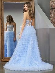 Dressystars  Sky Blue A-Line Tiered Sequin Material  Tulle Material Long Prom Dress