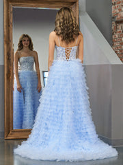 Dressystars  Sky Blue A-Line Tiered Sequin Material  Tulle Material Long Prom Dress