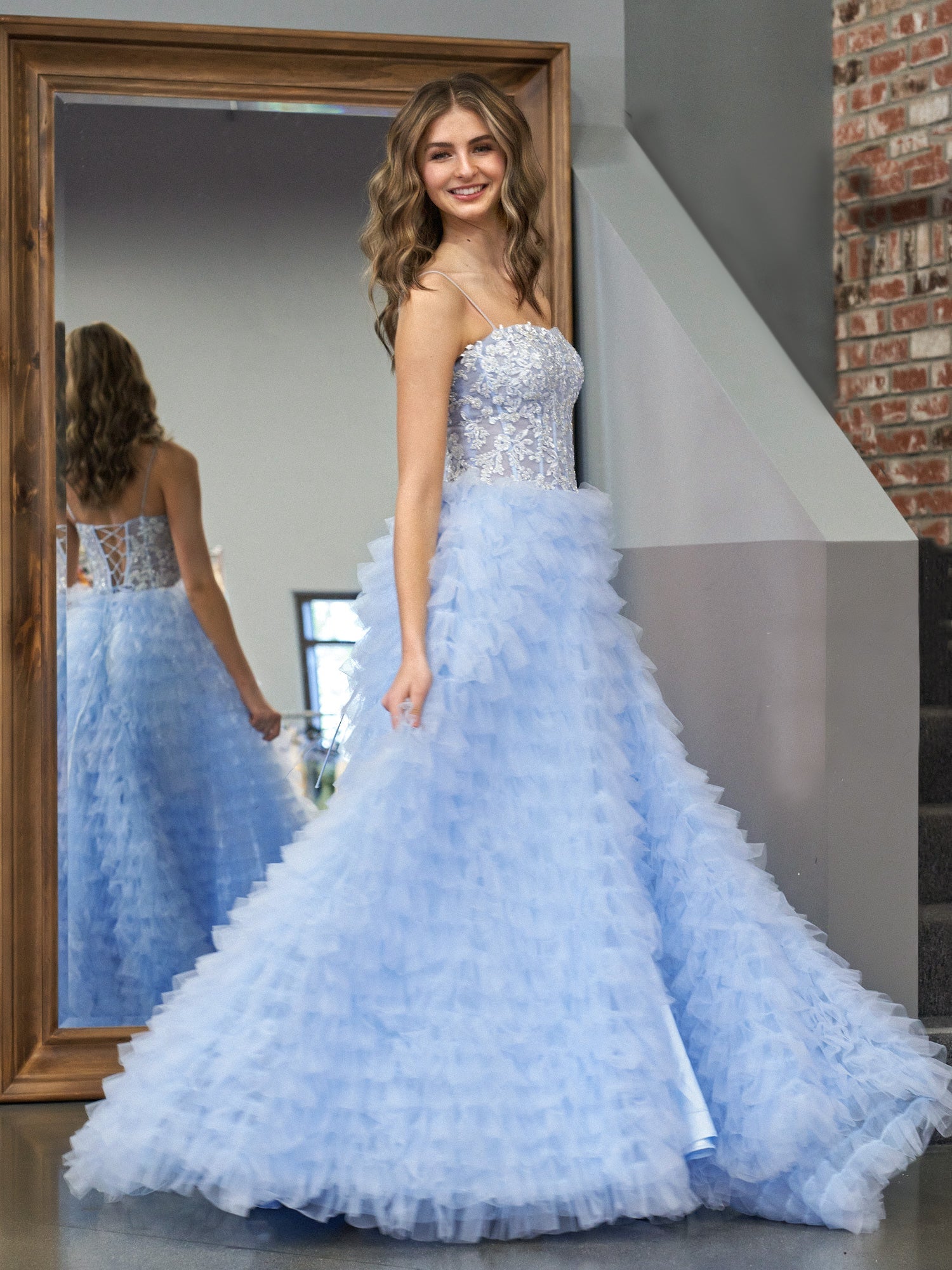 Dressystars  Sky Blue A-Line Tiered Sequin Material  Tulle Material Long Prom Dress