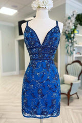 blue floral lace delicate beading lace up back cocktail dress