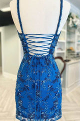 blue floral lace delicate beading lace up back cocktail dress