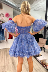 blue cute puff sleeves ruffle edge a line prints homecoming dress