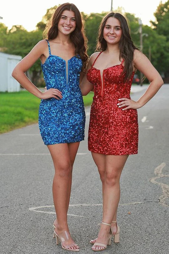 blue sequin style scoop neck lace up short tight fitting homecoming dress