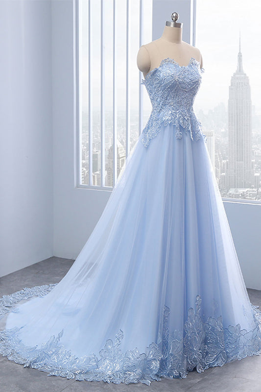 Light Blue Lace Tulle Long Prom Dress Evening Dress