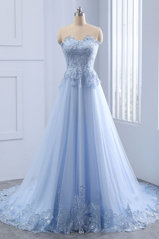 Light Blue Lace Tulle Long Prom Dress Evening Dress