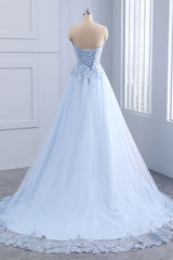 Light Blue Lace Tulle Long Prom Dress Evening Dress