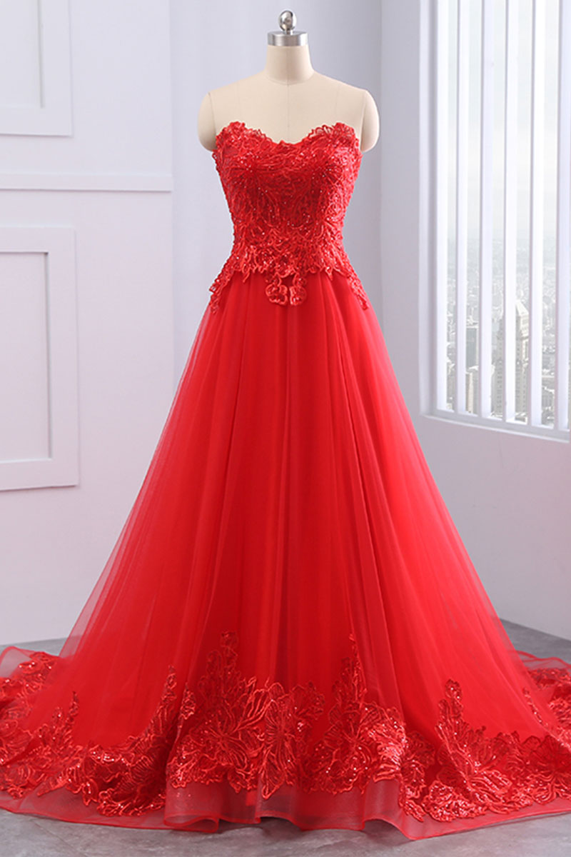 Red Lace Tulle Long Prom Dress Evening Dress