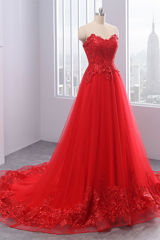 Red Lace Tulle Long Prom Dress Evening Dress