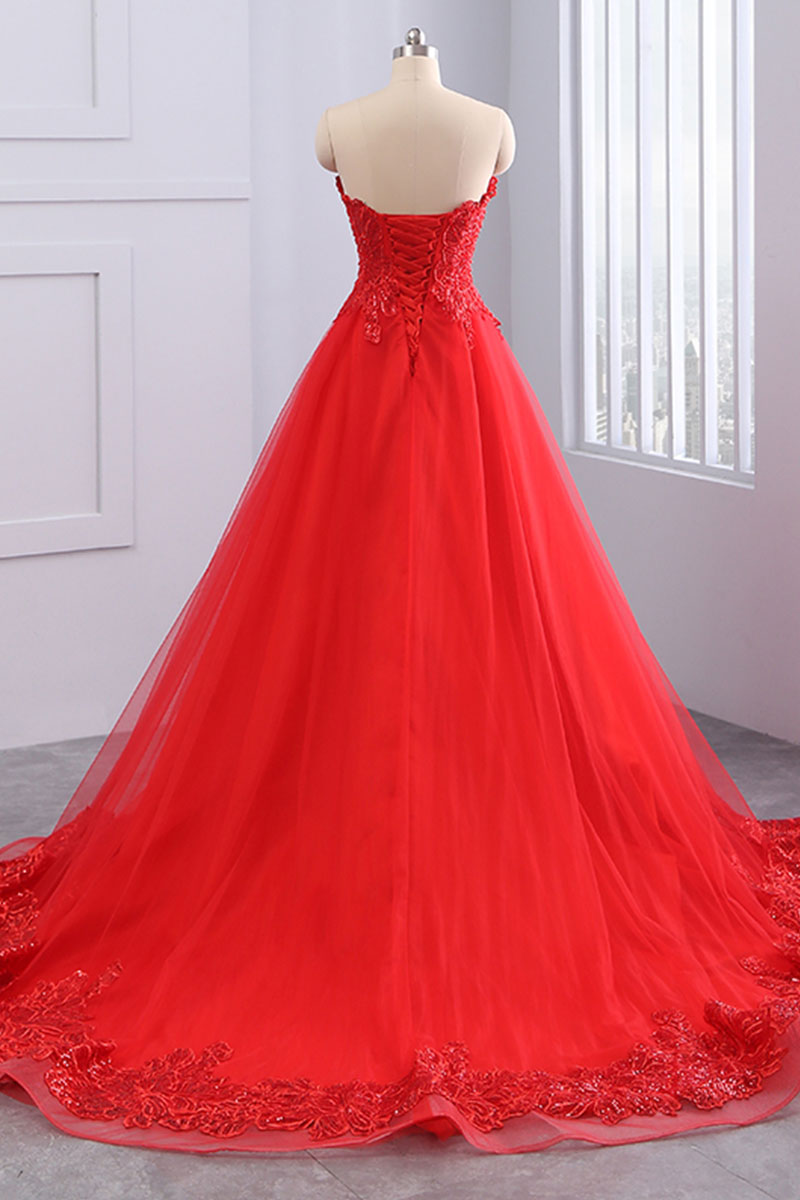 Red Lace Tulle Long Prom Dress Evening Dress