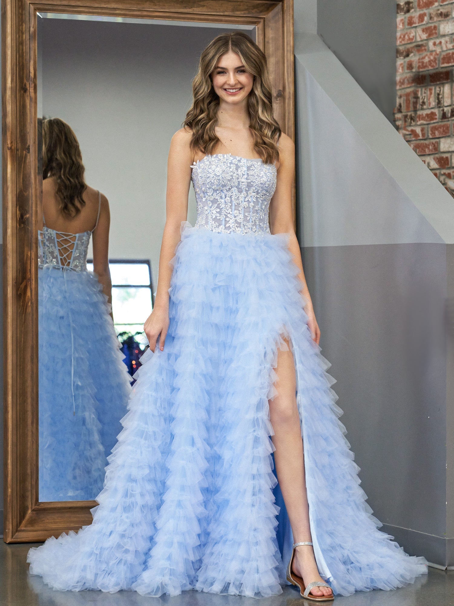 Dressystars  Sky Blue A-Line Tiered Sequin Material  Tulle Material Long Prom Dress