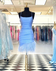 Dressystars Sheath Blue Homecoming Dress with Featured Feathers