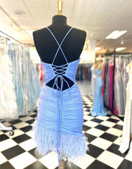 Dressystars Sheath Blue Homecoming Dress with Featured Feathers