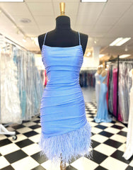 Dressystars Sheath Blue Homecoming Dress with Featured Feathers