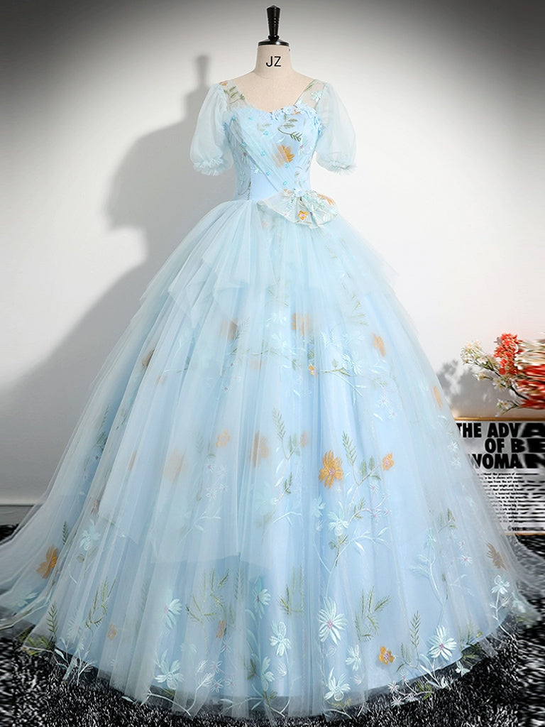 V-Neck Tulle Lace Blue Long Prom Dress A-Line Blue Lace Long Sweet 16 Dress