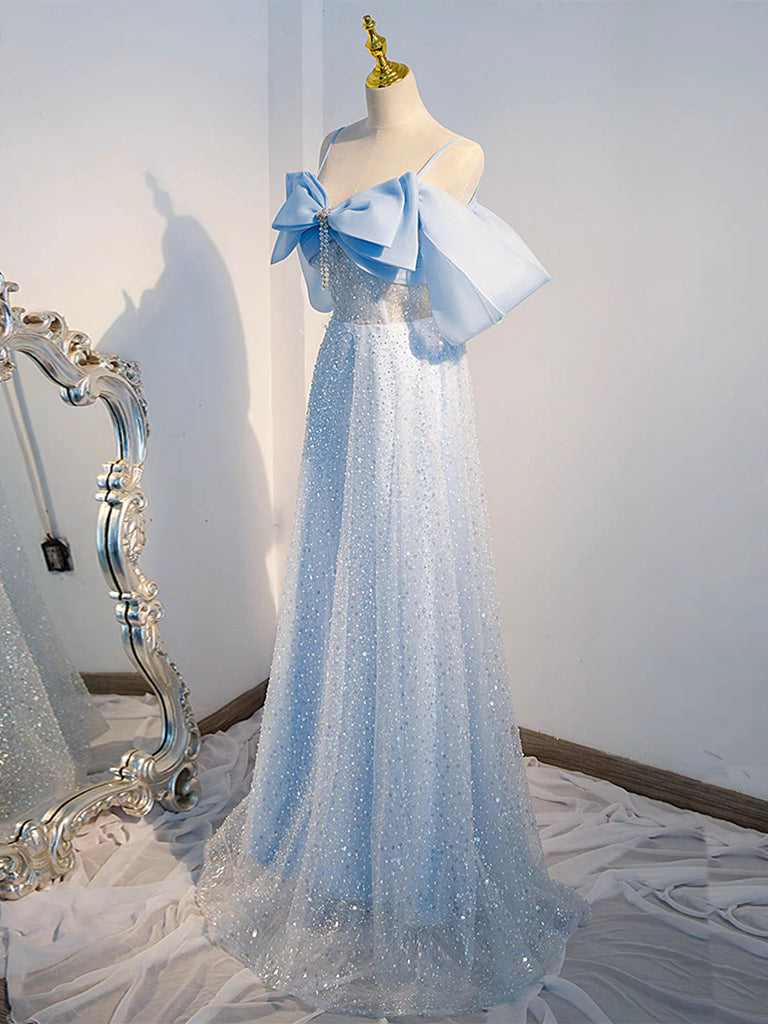 A-Line Tulle Sequin Blue Long Prom Dress Blue Long Formal Dress