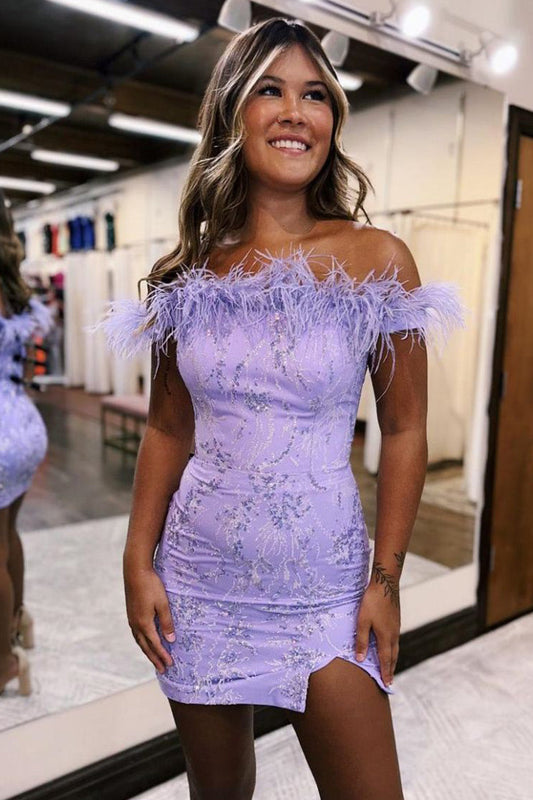 bodycon charming lilac off the shoulder homecoming dress with chic feather style