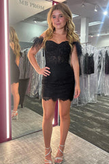 bodycon heart shaped black lace short homecoming dresses with chic feather style